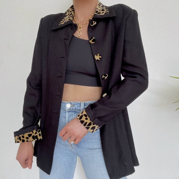 80s Black Cheetah Print Trim Peacoat - Picture 5 of 8